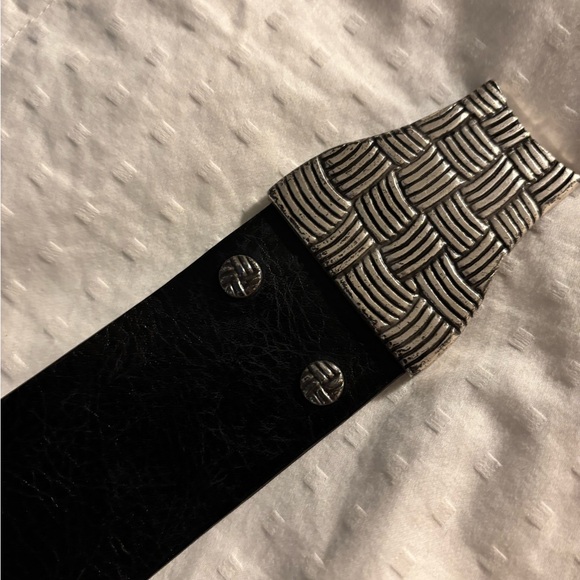 Chico's Black Leather Belt with Silver Double Ring Buckle 2” Wide Medium Large - Picture 8 of 12